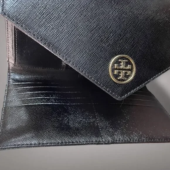 Like New TORY BURCH Black Saffiano Leather Robinson Envelope Wristlet Clutch - Picture 10 of 14